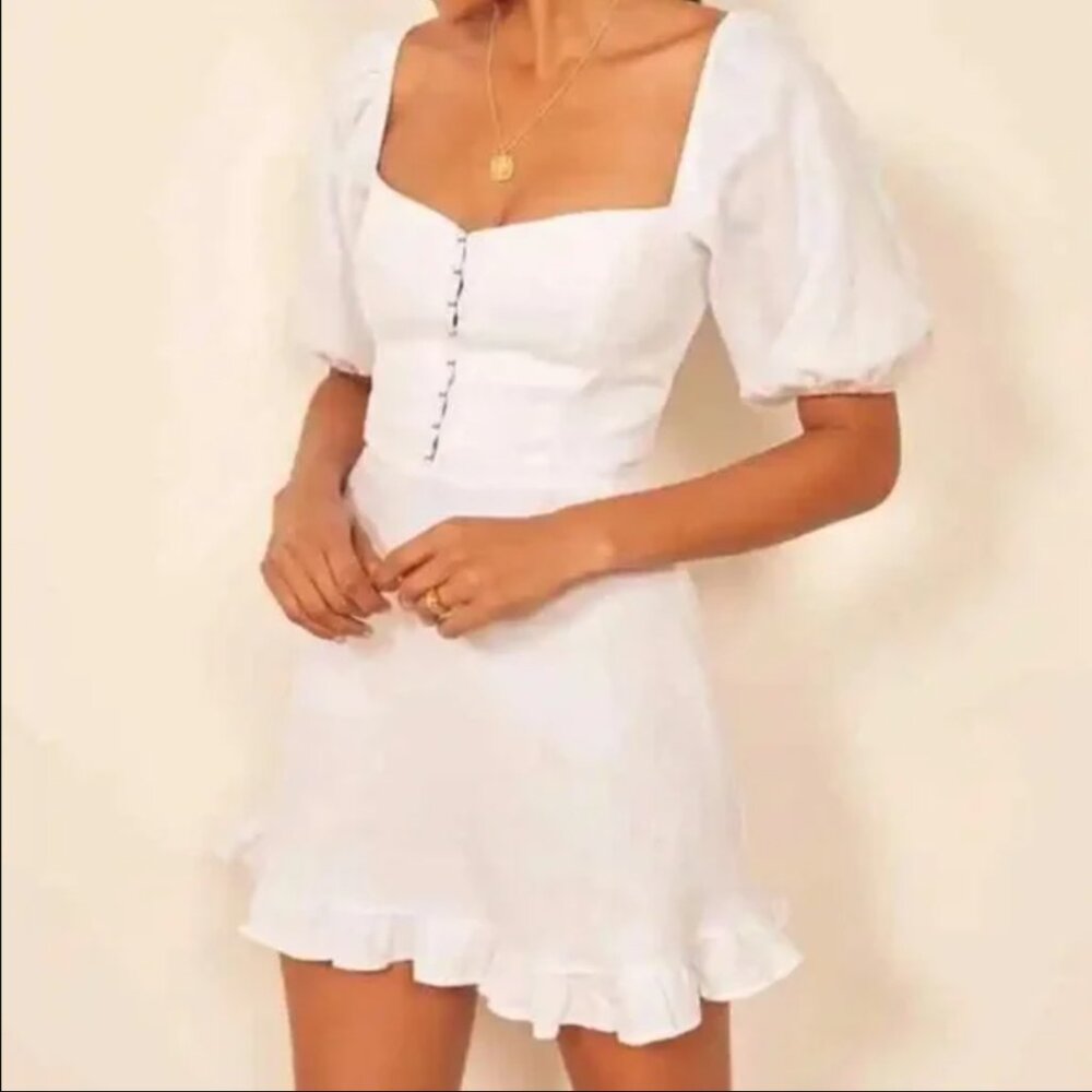 Reformation Dress White Linen Mini Puff Sleeve Seattle